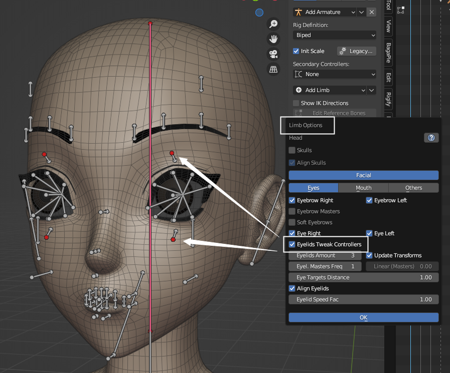 Screenshot of the Eyelids Tweak Controllers operation in the Blender Auto-Rig Pro (ARP) add-on