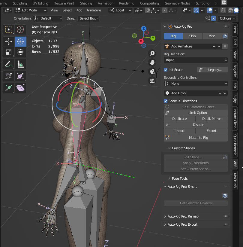 Screenshot of the Get Selected Objects operation in the Blender Auto-Rig Pro (ARP) add-on